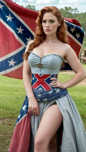 A sexy pinup model with full body view and redhead hair in the southern Belle hairstyle stands in front of a large confederate flag, wearing a sexy green eyes and large civil war southern confederacy picture with a plantation scene background
