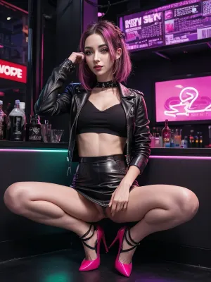 在夜总会里,一名20多岁的年轻女子穿着皮衣和黑色皮靴,穿着长长的黑色皮衣和黑色皮靴. 她有一整张21岁年轻女人的画像 晚上坐着