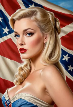 In the 1860s, a young blonde woman with blue eyes was painting a large Confederate flag on her bedroom wall. She had a beautiful airbrushed southern Belle style pinup model with blonde hair and blue eyes in the background. The media was