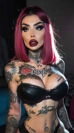 Sam is a young adult girl with perfect skin, wide hips, and natural-looking hair. Her eyes are piercing blue and her face is flawless. She has perfect volume and she's wearing a punk outfit consisting of skinny jeans, high heels,