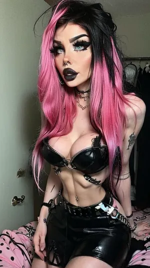 사진의 bimbo 소녀는 피어싱과 메이크업과 펑크 록 복장을 착용합니다. 그녀는 슬림 허리, 두꺼운 엉덩이, 매우 넓은 엉덩이를 가지고 있습니다. 그녀의 머리는 짧고 긴 포니와 측면에 면도