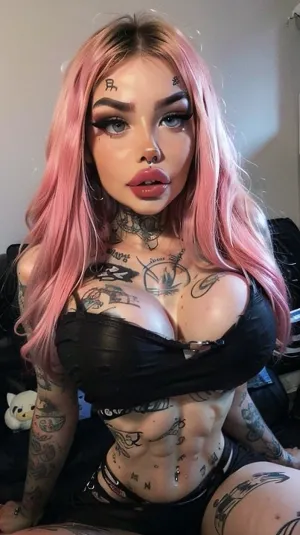 The bimbo had piercings and tattoos, and wore a black leather jacket over a tight tank top. She had thick hips, defined abs, and thick lips. Her eyes were wide and dark, with heavy makeup that emphasized her piercings