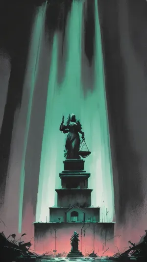 Ein einst majestätisches Gericht steht gebrochen und trüb, ein Symbol der Zerstörung, die die Welt getroffen hat. Das einst majestätische Gebäude ist jetzt ein Schatten seines früheren Selbst, ein Symbol der Zerstörung, die die Welt getroffen hat