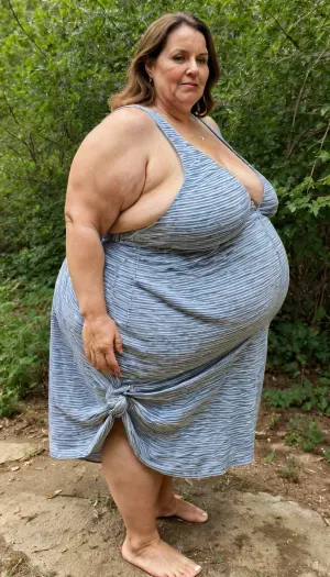 一名60岁的女子,腹部大圆,乳房下垂,一个圆臀坐在电脑前. 她穿着短短的夏季礼服,强调她巨大的乳房和厚厚的脸颊. 那个女人有一个