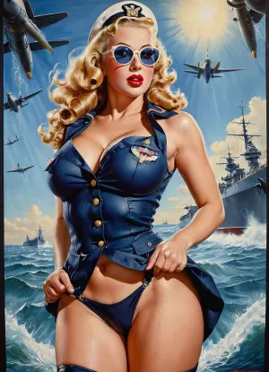 Il poster presenta una splendida illustrazione fotorealistica di una bella donna marinaio con grandi occhi, gambe perfette, e una gonna stretta che solleva fino a rivelare la sua figura perfetta. Indossa un'uniforme arruolata dalla US Navy e ha una faccia arrabbiata ma graziosa