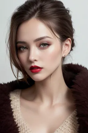 AIは、完璧な目、親切な表情、ファッションメイクで美しい女性の写真を生成しました。 彼女は彼女の顔にクローズアップを着ていました。 写真のテキストは「fuzzy」を読みます