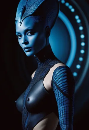 L'Asari nella foto indossava un vestito di pelle blu con occhi oversize e collo lungo. Aveva una pelle blu ghiaccio e i suoi capelli le scorrevano sulla schiena. Il suo corpo era coperto da piccole immagini di impossibile