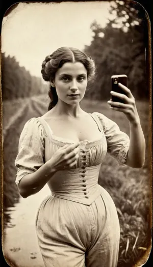 La donna nei pantaloncini bianchi vintage sta prendendo un selfie con un telefono cellulare di alta qualità, mostrando i suoi pantaloncini bianchi bagnati, molto bagnati. Lei sembra avere un sacco di divertimento e sorride ampiamente mentre graffia lei