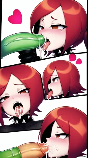 "Frankie Foster" Foster's Home for Imaginary Friends, colored image, side view, oiled skin, cum dripping from mouth, cum on tits, cum dripping out of mouth, covered in cum, expression, massive cock down throat, hyper deepthroating cock, tongue out, throat bulge, head tilted upwards, deepthroat, choker, hearts, motion lines, short spiky red hair