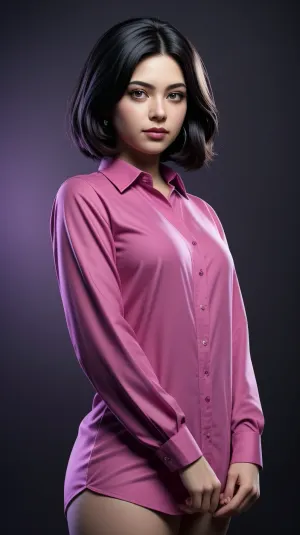 Die KI erzeugte ein hochentwickeltes Bild eines schönen Mädchens mit magenta Haar und rosa Augen, das ein schwarzes Hemd mit Schmuck und geknöpftem Hemd trug. Sie sah sich den Himmel an, verloren im Denken. Ihr Ausdruck war ernst,
