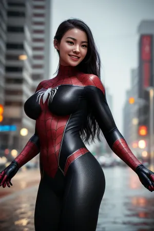 AI는 현실적이고 매우 상세한 검은 레이미 스파이더맨 슈트를 착용하는 아름다운 일본 여성의 사진을 생성했습니다. 한 벌은 그녀의 얼굴을 포함하여 그녀의 몸의 각 인치를 커버하고, 한 벌은 높 정의로 만들었습니다. 그녀의 빛 미소 추가
