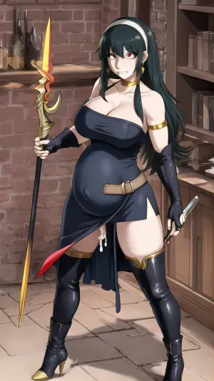 woman, full dress, missionary, vaginal, close, spreading, exposed, scared, expression, clenched, teeth, <lora:scared-expression-v1.8-000005:.5>, cumflation, <lora:Cumflation:.5>, (masterpiece, best, quality:1.2), (theme), Yor, Forger, dress, holding, black, hair, weapon, high, heels, thighhighs, red, eyes, two-sided, fabric, heel, boots, hairband, gloves, dual, wielding, breasts, ornament, flower, dagger, fingerless, sidelocks, knife, thigh, looking, at, viewer, footwear, rose, bare, shoulders, standing, long, gold, print, earrings, sleeveless, short, with, locks, jewelry, closed, mouth, bangs, <lora:OGT_Yor_Forger-v1:.5>