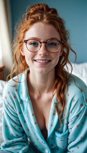 18 year old girl, extremely gorgeous, babe face, ginger, freckles, smile, best quality, photorealism, masterpiece, ice blue eyes, messy hair, (pajama pants), glasses, (topless:.9)