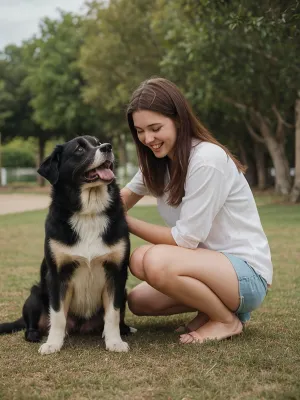 她在手机上滚动时,碰巧看到一张可爱的18岁女子与澳大利亚牧羊人玩耍的照片. 狗在摇尾巴 看着那女人 眼睛里充满着哀号 那个女人