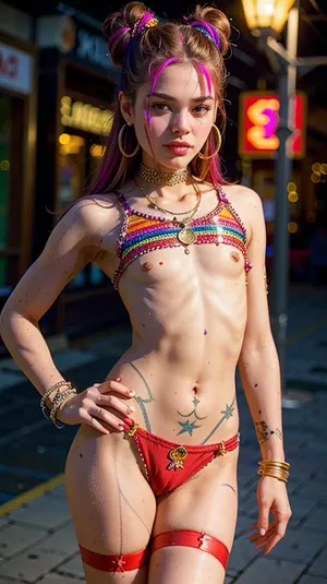 Geceleri neon işaretleri, genç sarışının sinematik aydınlatma ile son derece ayrıntılı bir deri dokusuna odaklanır, yüksek kaliteli 8k başyapıtını üretir. Onun perky göğüsleri ve ince vücut onun nipple piercings tarafından vurgulanır,