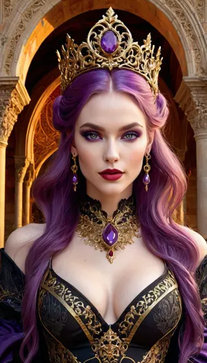 (((Hourglass figure, Fantasy portrait featuring a regal vampire queen with pale skin and striking purple eyes, set against an ornate architectural background with arches, 34g breast, The subject has long, flowing ruby hair adorned with an elaborate golden crown decorated with intricate designs, skull motifs, and red gemstones. The facial features are sharp and ethereal, with dark, dramatic makeup accentuating the eyes and lips. The attire is equally elaborate, featuring gold and black elements with detailed, ornate patterns and textures, giving a majestic and otherworldly appearance, gorgeous beautiful face, perfect face, smiling, perfect sexy figure, Carne Griffiths, Michael Garmash, Frank Frazetta, Castle Background, Jean Baptiste Monge, Victo Ngai, Detailed, Vibrant, Sharp Focus, Character Design, Wlop, Artgerm, Unreal Engine, Pixar, Shiny Aura, TXAA, 32k, Fanbox, Highly Detailed, Dynamic Pose, Intricate Motifs, Organic Tracery, Perfect Composition, Warm Dreamy Tones, Digital Painting, Artstation, Smooth, full body, Illustration, Award Winning Style And Composition))), CyberRealistic_Negative