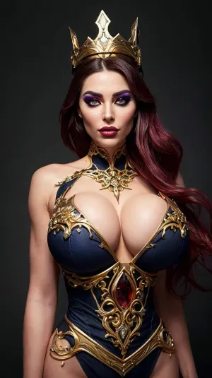 La reina de los vampiros estaba regiosa y majestuosa, sus características perfectas destacadas por la cálida luz dorada del fondo del castillo. Su pelo rubí fluyeba en cascada por la espalda, enmarcando su cara con una belleza etérea. Sus afilados colmillos brillan