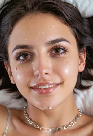 A young girl with tousled black hair, pixie haircut, (big brown eyes:1.4), she has a coy smile, (braces on teeth:1.3), (face dripping with semen), lies back on her bed. POV from Above her., (cum on her face:1.5), She looks at the camera as she has an orgasm. She is wearing a tiny bra and her chest is smeared with sperm., (silver cross on a chain around her neck:1.3)
