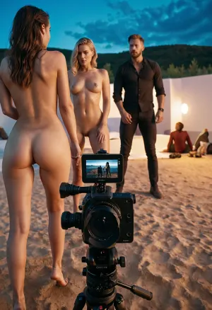 色情片场景从远处拍摄,摄影师从远处拍摄. 那个女人和那个男人在片场的边缘 和三个人在一起