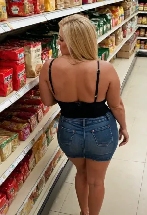 (An insanely hot blond curvy very busty very shy 40 year old housewife standing against the wall in a crowded grocery shop), enormous boobs, round ass, perfect curvy body, tank top, miniskirt, looking extremely shy, (view from above:1.3)