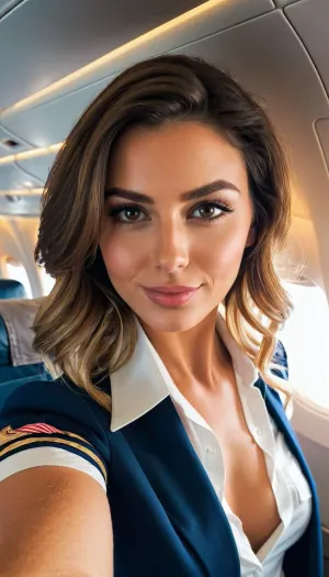 Телефон стюардессы выпадает из кармана, и она сгибается, чтобы забрать его, раскрывая ее сосок