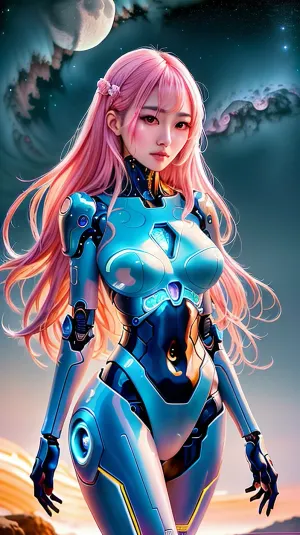 मध्यम लंबाई गुलाबी ruffled permed बाल के साथ सुंदर प्राच्य सुंदरता की तस्वीर, जटिल रूप से विस्तृत साइबर पंक रोबोट त्वचा, और एक सुंदर गुलाबी ruffled permed बाल चाँदक्रिप्टो द्वारा लिया गया था