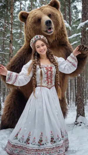 The stunning Russian girl in the ultra realistic photo was wearing a traditional kokoshnik, a symmetrical smile, and detailed nose. She was dancing in the softwood forest with a bear, which had a snowfall on its fur. The brown
