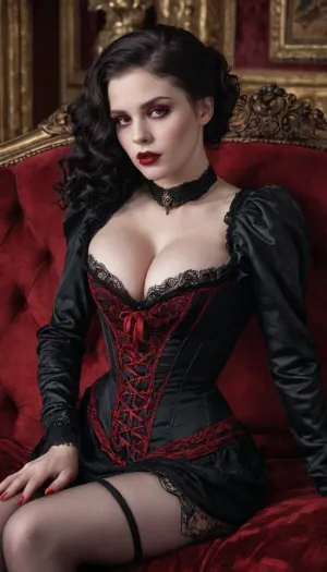 The vampire in the photo was wearing a corset that pushed up her breasts, revealing their curves. Her skin was pale and smooth, with sharp features and a sharp nose. Her lips were red and puffy, as if she had just been kissed