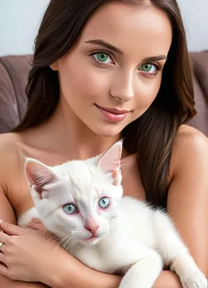 young beautiful woman 18 years old, under 5 feet tall, (solo:1.3), feminine frame, perfect face, (long brunette hair spilling down over her breasts:1.4), (heterochromia:1.5), green eye, blue eye, (smooth pussy:1.1), (very feminine face:1.4), (very breasts:1.6), thin toned body, (realistic detailed pussy:1.5), black leather choker, spread legs, huge smile of anticipation, sitting on beige plush couch, (petting baby kitten:1.5), (one hand between her legs:1.5), finger in her vagina, ultra realistic photo