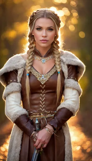 A fiercely proud Nordic girl stands, her presence exuding unwavering strength. Her blonde braids cascade down her back, framing a face marked by determination and resilience. This stunning portrait captures her piercing blue eyes, reflecting the icy landscapes of her homeland. The intricate details of her embroidered Viking armor and fur-lined cloak speak of her warrior spirit. This high-quality painting seamlessly combines power and grace, drawing the viewer into the captivating story of a fierce Nordic warrior princess. body manipulations, divine proportion, non-douche smile, gaze into the camera, holographic shimmer, whimsical lighting, enchanted ambiance, soft textures, imaginative artwork, ethereal glow, silent Luminescence, whispering Silent, iridescent Encounter, vibrant background, full body, (((rule of thirds))), high quality, high detail, high resolution, (bokeh:2), backlight, (long exposure:2)