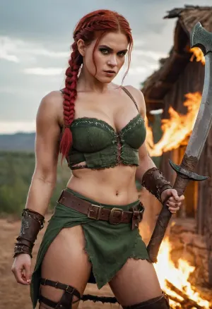 1girl, beautiful female orc, large fangs, fangs out, breasts, with a big axe in her hand, village on fire, ash, outdoors, night, looking_down, looking_at_viewer, standing, cowboy shot, abs, toned, absurdly long red hair, braids, amber eyes, dynamic pose, green hair, hair tied back, fantasy, epic, sexy