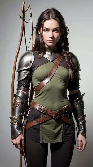 The female elf warrior, clad in leather armor and carrying a bow and quiver of arrows, stalks through the lush green forest with a calm intensity. Her short hair is braided down the side of her head, and she carries a dagger at
