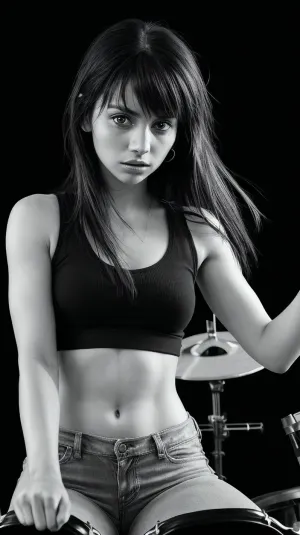 A high-resolution photograph of an, (rockstar Mexican girl:1.3), in her early 20s, with a confident and edgy style, (playing drums:1.3), in a dimly lit garage. She is wearing a fitted tank top and ripped jeans showing her athletic muscled physique, her brightly colored jaw length hair with bangs tousled and wild. The intensity in her eyes and the sweat glistening on her skin capture her passionate performance. The garage is cluttered with musical equipment and posters on the walls, creating a gritty, authentic atmosphere. The lighting is dramatic, with spotlights casting dynamic shadows, emphasizing her form and movement. The background features the garage door slightly ajar, hinting at the night outside.

triangular face, defined jaw, pixie face, (solid black background:1.4), (etched lines:1.3), (photo-realistic:1.2), (flowing hair:1.2), abstract composition, intricate line patterns, high contrast, dynamic movement, surrealism, artistic expression, soft focus, depth and texture, luminous glow, stark visuals, monochromatic palette, enigmatic, ethereal, minimalist, modern art, fine details, bold imagery, 85mm lens, f/2.8, visually striking, conceptual, imaginative