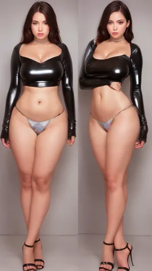 Ein hochauflösendes photorealistisches Bild einer Frau mit mittleren Brüsten, breiten Hüften, schwarzen Latex, heißen Hosen, flachen Arsch, schlanke Taille, Schlafzimmer Hintergrund und voller Körper im Rahmen. Sie hat hohe Hautdetails und realistische Hauttextur. Her hi