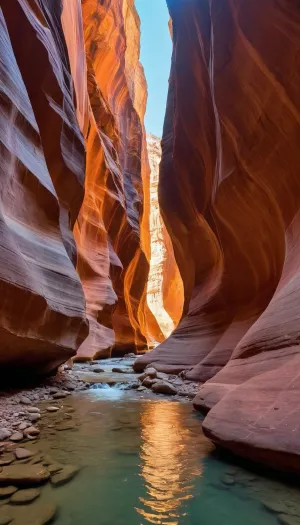 Eine atemberaubende 16mm DSLR-Kamera erfasst die awe-inspirierende Schönheit eines schmalen roten Rock Slot Canyon mit einer DSLR-Kamera und einem Weitwinkelobjektiv. Die aufragenden Wände, mit ihren tiefen Schatten in einigen Bereichen und helles Licht in