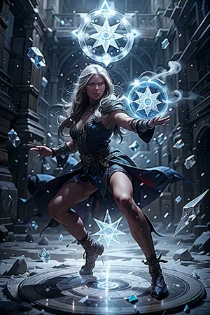 The best picture of the AI-generated masterpiece depicts a drow elf with high resolution and sharp focus. Her skin is ice-flurry white with a snowy background, and she has full body casting, fighting stance on bed, high resolution