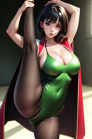 masterpiece, best quality, 1girl, large_breasts, ((leg_lift, leg_up)), standing, bangs, bare_shoulders, black_hair, big breasts, cape, cleavage, collarbone, green dress, gloves, hair_bun, hair_ornament, hair_stick, jewelry, mole, necklace, solo, pants, standing_split, <lora:Highlegs:1>, <lora:standing_split:.5>