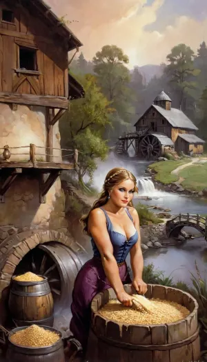 Les courbes voluptueuses et la présence captivante du meunier buxom sont mises en évidence dans cette image, alors qu'elle se tient avec le dos au spectateur, face au moulin. Ses longues cascades de cheveux gracieusement sur ses épaules, rehaussant son capt
