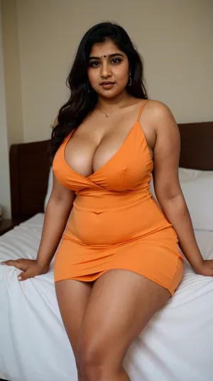 The chubby, heavy set Indian woman on a bed with white sheets wearing a tight orange dress and facing the viewer, up skirt pose, medium breasts, Thick arms, fat1 legs and thick thighs