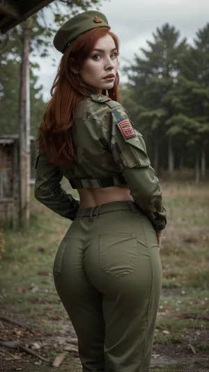 The girl in the Russian uniform, with her hair tied back and her rifle slung over her shoulder, stood in front of a dilapidated building. She stared out into the distance, as if searching for something. Suddenly, a group of crow