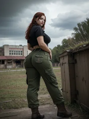 A garota ruiva de cabelos chubby em um uniforme da era soviética está na frente de uma cidade abandonada com suas mãos em seus quadris, vestindo um uniforme da era soviética e maquiagem. Ela tem um belo rabo redondo e seios redondos enormes que são