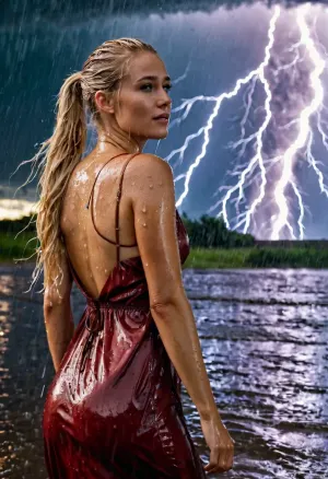 The woman in the photo is wearing a sleeveless dress and high-quality full hd 8k png dslr photo in phst artstyle with white balance color correction natural lighting of a wet drenched 25 year old woman with long blonde hair