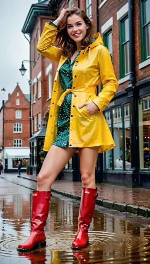 A vintage photo of a woman in her late forties, with a playful twinkle in her eye and a cheeky twinkle in her hair. She is wearing an auburn jumpsuit with yellow raincoat accents, which complements the mono