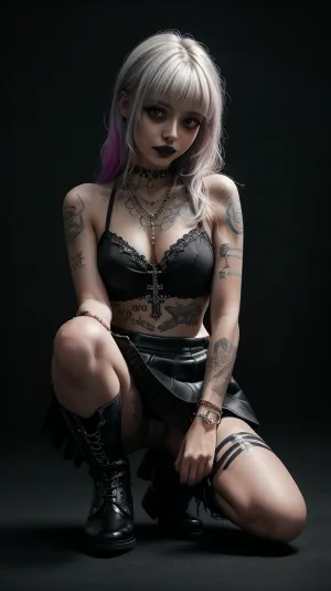 A Goth girl with ultra-realistic makeup and tattoos posed seductively in front of the church background, wearing a sexy Gothic outfit. She had a microskirt that barely covered her pussy, high boots, and a chain necklace. Her
