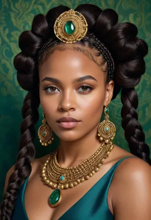 Bir regal siyah kadın karmaşık bir şekilde dekore edilmiştir Bantu düğümleri ve sleek, düz braids, 17. Yüzyıl Fransız Kraliçe