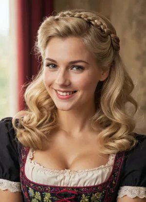 Heidi, una biondina di 23 anni con i capelli fluenti laterali e un grande dirndl vintage del 1950, sorride mentre posa per la fotocamera