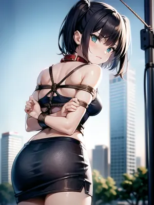 超繊細な、黒い髪、短い髪、2つの側面、アクアの目、黒いタンクの上、スカートおよび赤いつばが付いている最もよい質のpornの実。 彼女はボンデージポーズと彼女の背後にある拘束された腕で視聴者を見ています