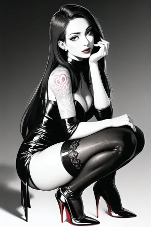 女子站在镜子前,欣赏自己的反射,身着经典的时尚服装,带有高调的阴影和蕾丝口音. 她被现代迷恋的元素附身 使她看起来像是..