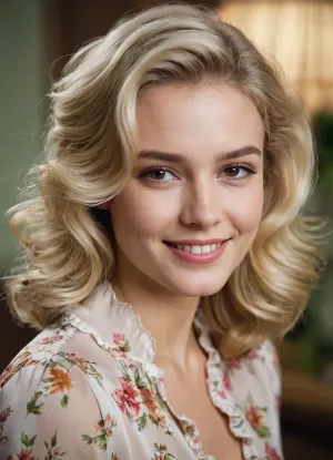 La jovencita con un suave brillo cepillado-alta hombro-length luz rubia peinado vintage lleva una bonita flor de seda floral