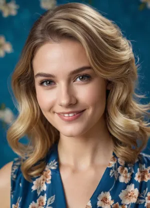 Close-up of very attractive young smiling lady with side-parted soft-wavy shoulder-length light brunette-blonde vintage hairstyle wearing a nice blue floral silk blouse